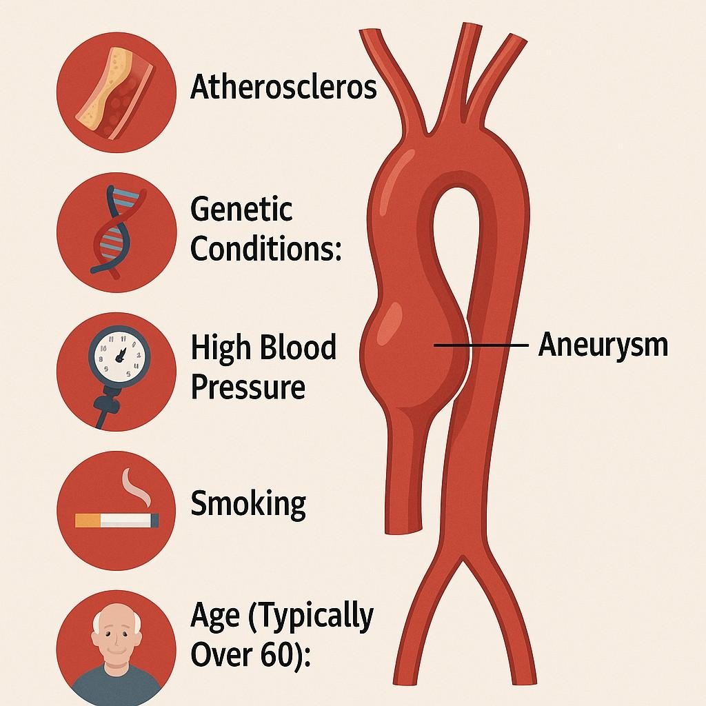 Illustrated infographic showing the causes of aortic aneurysm, including atherosclerosis, genetic conditions, high blood pressure, smoking, age over 60, and trauma or injury.