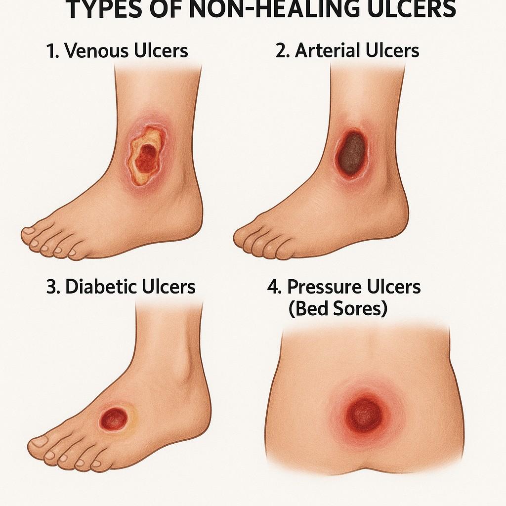 Medical illustration showing four types of non-healing ulcers: venous ulcers, arterial ulcers, diabetic ulcers, and pressure ulcers (bed sores), each depicted with labeled and realistic visual examples.